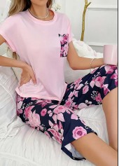 Floral Print Pink Round Neck Lounge Top and Pants
