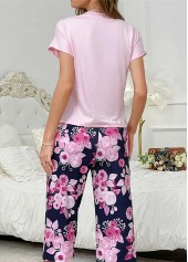 Floral Print Pink Round Neck Lounge Top and Pants
