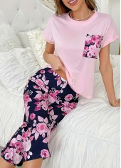 Floral Print Pink Round Neck Lounge Top and Pants