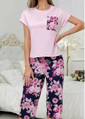 Floral Print Pink Round Neck Lounge Top and Pants