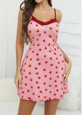 Heart Print Pink Strappy Short Nightdress