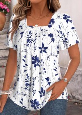 Floral Print Tummy Coverage White Short Sleeve T Shirt