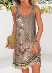 Random Floral Print Tummy Coverage Gray Brown Short Dress