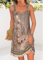 Random Floral Print Tummy Coverage Gray Brown Short Dress