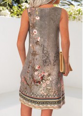 Random Floral Print Tummy Coverage Gray Brown Short Dress