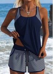 Mid Waisted Striped Tummy Coverage Navy Tankini Set