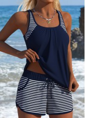 Mid Waisted Striped Tummy Coverage Navy Tankini Set