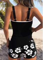 Mid Waisted Floral Print Tummy Coverage Black Tankini Set