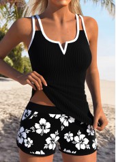 Mid Waisted Floral Print Tummy Coverage Black Tankini Set