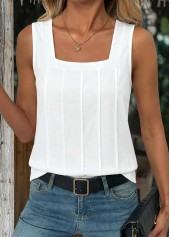 Tuck Stitch Black Sleeveless Square Neck Tank Top