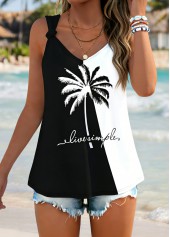 Tropical Plants Print Tie Black Strappy Tank Top