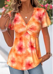 Floral Print Twist Orange Short Sleeve T Shirt