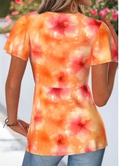 Floral Print Twist Orange Short Sleeve T Shirt