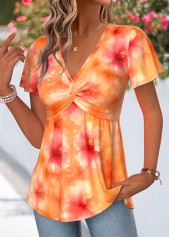 Floral Print Twist Orange Short Sleeve T Shirt