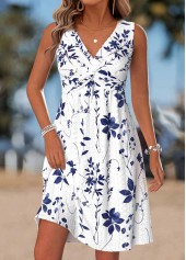 Leaf Print Tummy Coverage White Short Sleeveless Dress