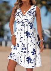 Leaf Print Tummy Coverage White Short Sleeveless Dress
