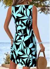 Leaf Print Tummy Coverage Cyan Short Sleeveless Dress