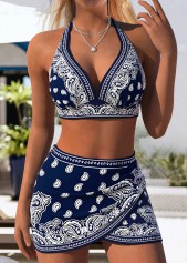 Mid Waisted Paisley Print Pull On Navy Bikini Set