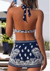 Mid Waisted Paisley Print Pull On Navy Bikini Set