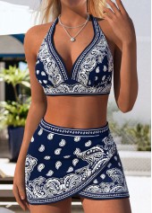 Mid Waisted Paisley Print Pull On Navy Bikini Set