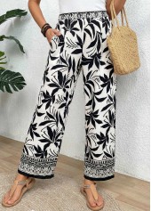 Tropical Plants Print Soft Black Wide Leg Pants