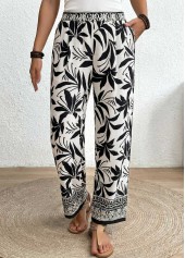 Tropical Plants Print Soft Black Wide Leg Pants