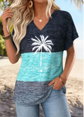 Tropical Plants Print Tummy Coverage Dusty Blue T Shirt