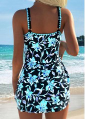 Random Floral Print Tummy Coverage Cyan One Piece Swimdress