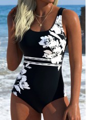 Floral Print Tummy Control Black One Piece Swimwear