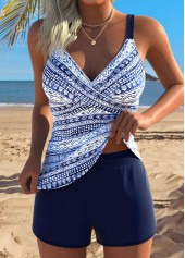 Mid Waisted Tribal Print Tummy Coverage Navy Tankini Set