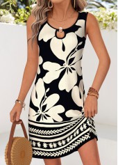 Floral Print Tummy Coverage Black Short Sleeveless Dress