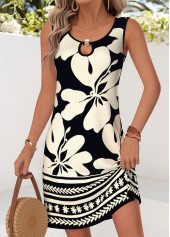 Floral Print Tummy Coverage Black Short Sleeveless Dress