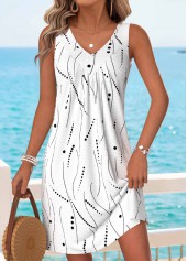 Geometric Print Tummy Coverage White Short Sleeveless Dress