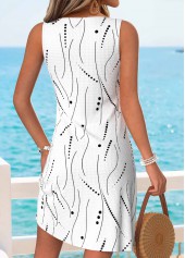 Geometric Print Tummy Coverage White Short Sleeveless Dress