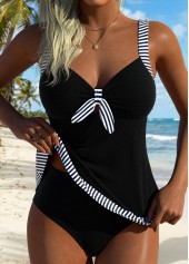 Mid Waisted Striped Tummy Coverage Black Tankini Top-No Bottom
