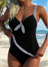 Mid Waisted Striped Tummy Coverage Black Tankini Top-No Bottom
