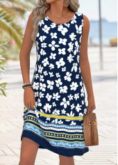 Floral Print Tummy Coverage Navy Sleeveless Round Neck Dress