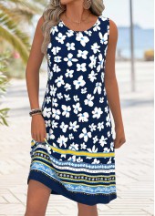 Floral Print Tummy Coverage Navy Sleeveless Round Neck Dress