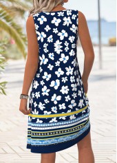 Floral Print Tummy Coverage Navy Sleeveless Round Neck Dress