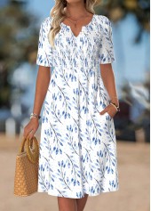 Leaf Print Smocked White Short Sleeve Split Neck Dress