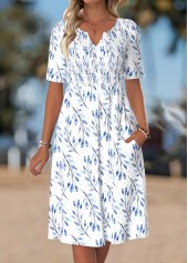 Leaf Print Smocked White Short Sleeve Split Neck Dress
