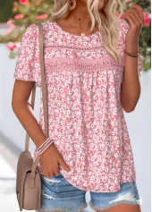 Ditsy Floral Print Curved Hem Pink T Shirt