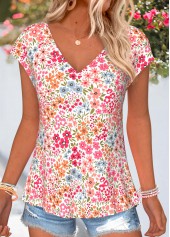 Floral Print Tummy Coverage Pink Short Sleeve T Shirt