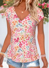 Floral Print Tummy Coverage Pink Short Sleeve T Shirt