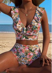 Mid Waisted Floral Print Pull On Bikini Set