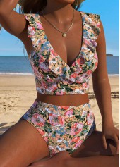 Mid Waisted Floral Print Pull On Bikini Set