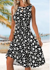 Floral Print Tummy Coverage Black Sleeveless Round Neck Dress
