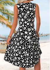 Floral Print Tummy Coverage Black Sleeveless Round Neck Dress