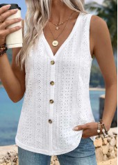 Button White Sleeveless V Neck Tank Top