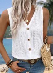Button White Sleeveless V Neck Tank Top